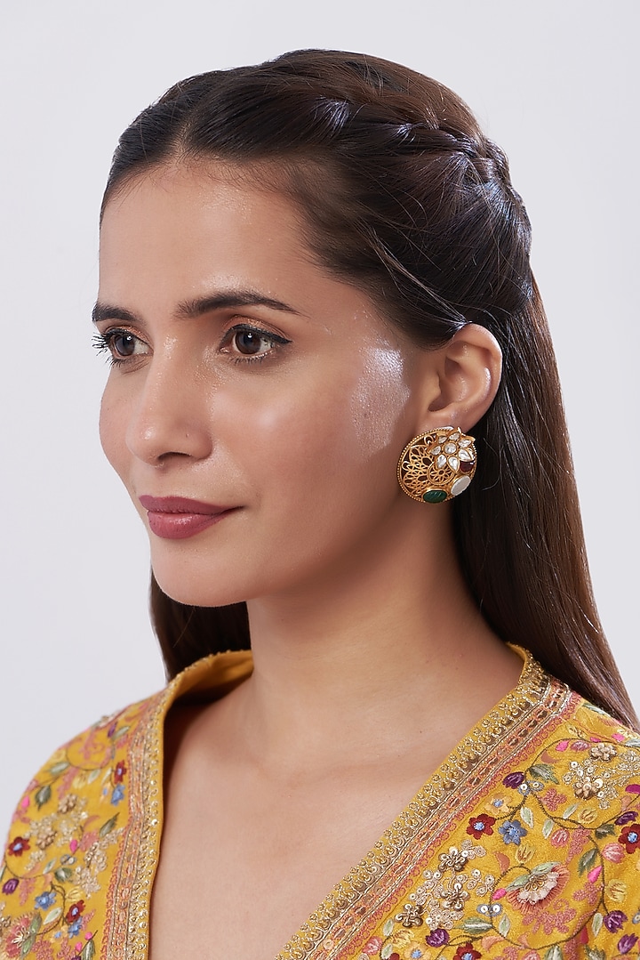 Gold Finish Kundan Polki Stud Earrings by Anjali Jain Jewellery at Pernia's Pop Up Shop