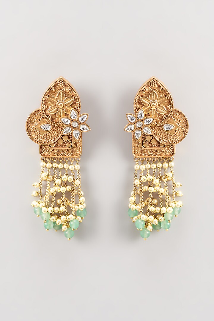Gold Finish Carved Kundan Polki Dangler Earrings by Anjali Jain Jewellery at Pernia's Pop Up Shop