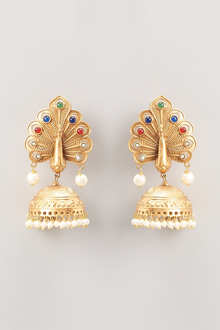 Gold Finish Navratna Stone Dangler Earrings by Anjali Jain Jewellery at Pernia's Pop Up Shop