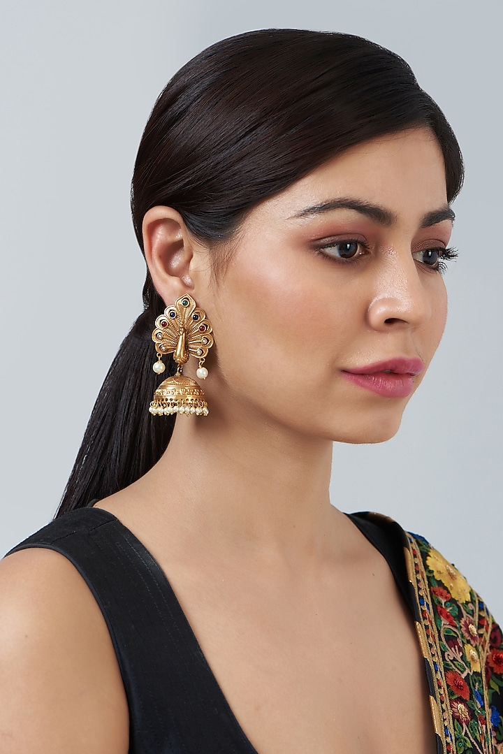 Gold Finish Navratna Stone Dangler Earrings by Anjali Jain Jewellery at Pernia's Pop Up Shop