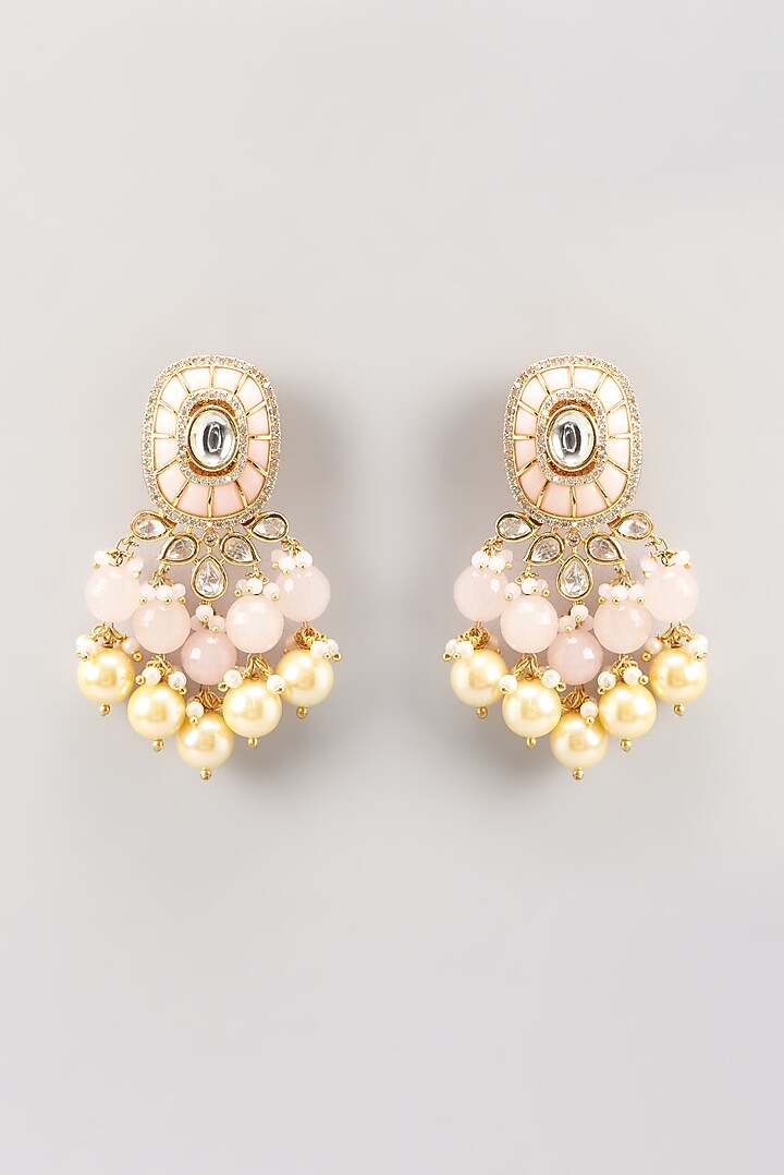 Gold Finish Pink Stone & Pearl Dangler Earrings by Anjali Jain Jewellery at Pernia's Pop Up Shop