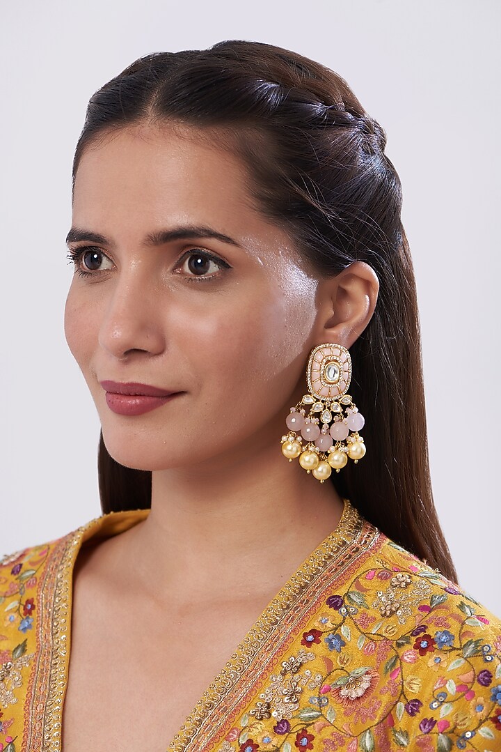 Gold Finish Pink Stone & Pearl Dangler Earrings by Anjali Jain Jewellery at Pernia's Pop Up Shop