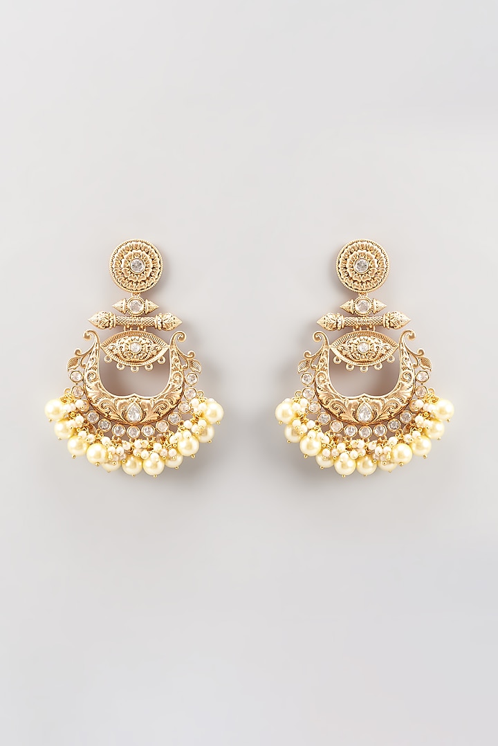 Gold Finish Kundan Polki Chandbaali Earrings by Anjali Jain Jewellery at Pernia's Pop Up Shop