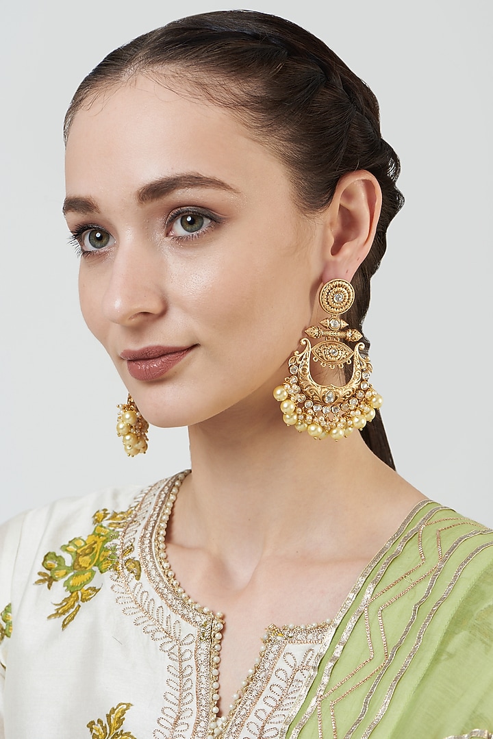 Gold Finish Kundan Polki Chandbaali Earrings by Anjali Jain Jewellery at Pernia's Pop Up Shop