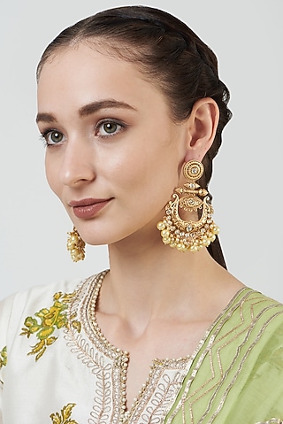 Gold Finish Kundan Polki Chandbaali Earrings by Anjali Jain Jewellery