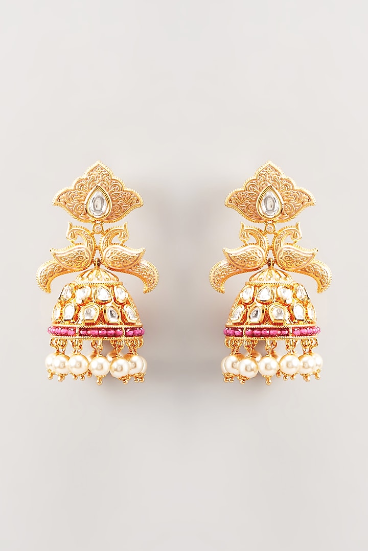 Gold Finish Ruby Stone & Pearl Dangler Earrings by Anjali Jain Jewellery at Pernia's Pop Up Shop