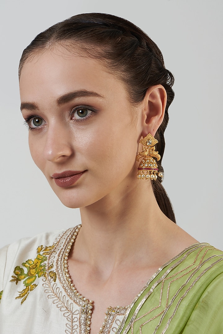 Gold Finish Ruby Stone & Pearl Dangler Earrings by Anjali Jain Jewellery at Pernia's Pop Up Shop