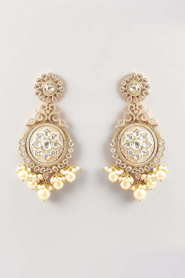 Gold Finish Pearl Drop Chandbali Earrings by Anjali Jain Jewellery at Pernia's Pop Up Shop