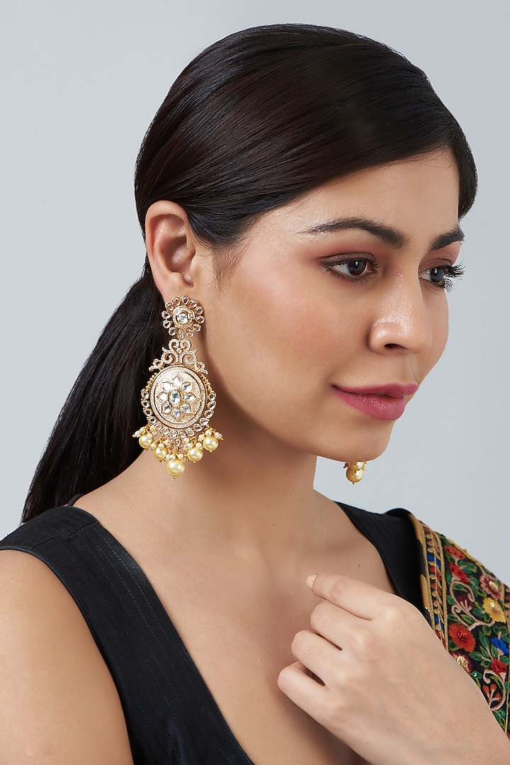 Gold Finish Pearl Drop Chandbali Earrings by Anjali Jain Jewellery at Pernia's Pop Up Shop