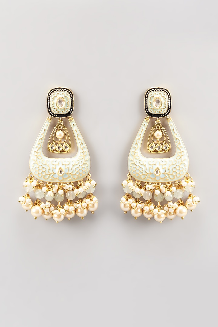 Gold Finish Pearl & Stone Dangler Earrings by Anjali Jain Jewellery at Pernia's Pop Up Shop