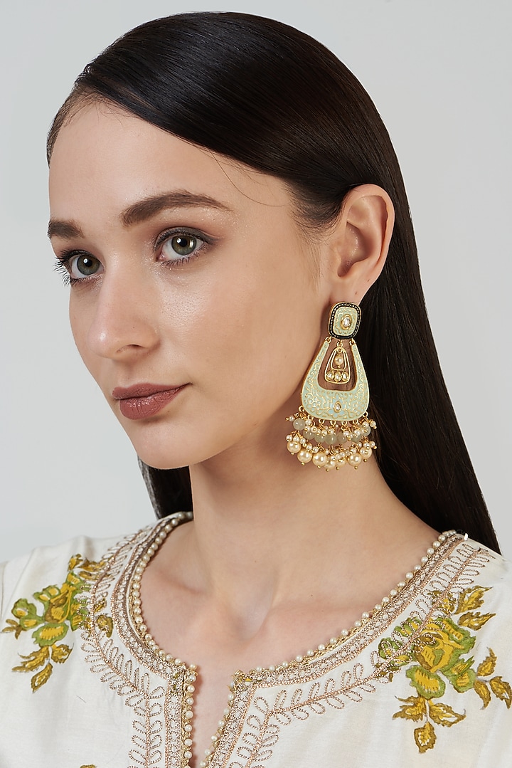 Gold Finish Pearl & Stone Dangler Earrings by Anjali Jain Jewellery at Pernia's Pop Up Shop