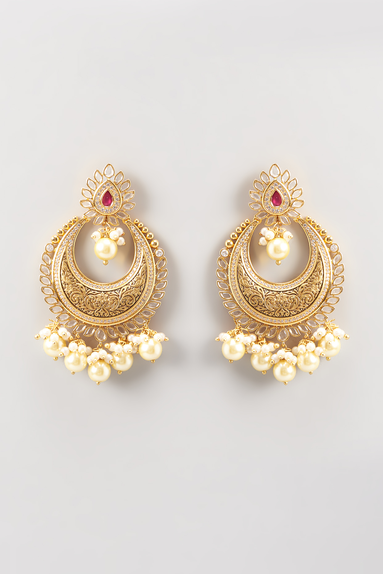 Gold Finish Pearl Drop Dangler Earrings by Anjali Jain Jewellery