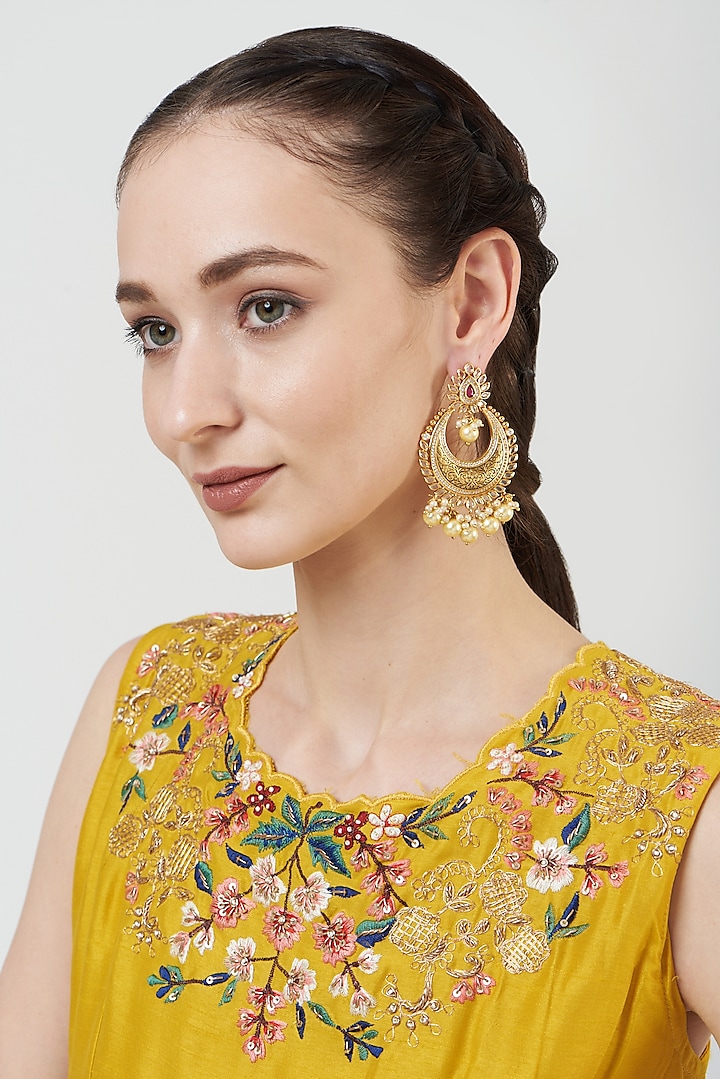 Gold Finish Pearl Drop Chandbali Earrings by Anjali Jain Jewellery