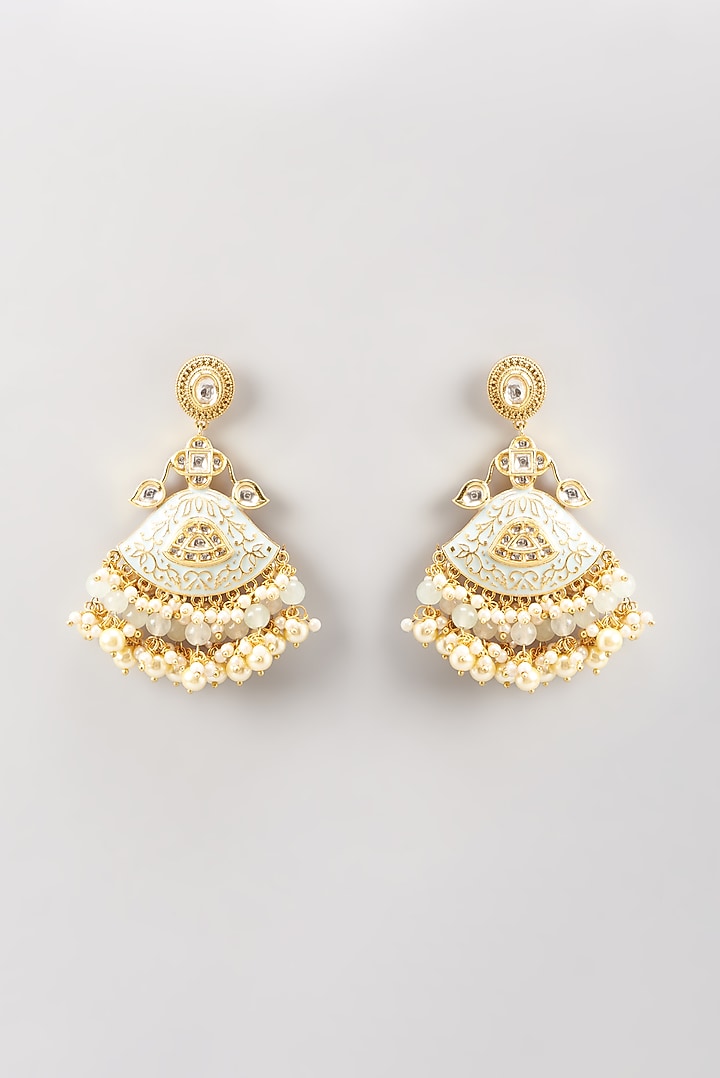 Gold Finish Kundan Polki Enamelled Dangler Earrings by Anjali Jain Jewellery at Pernia's Pop Up Shop