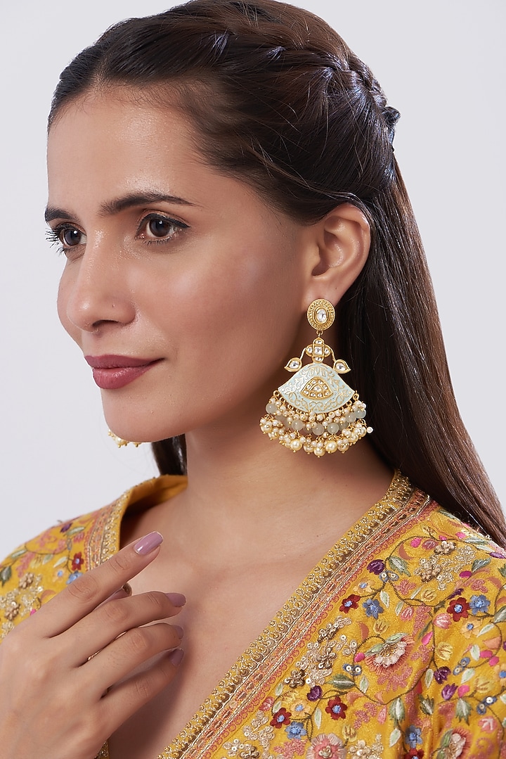Gold Finish Kundan Polki Enamelled Dangler Earrings by Anjali Jain Jewellery at Pernia's Pop Up Shop