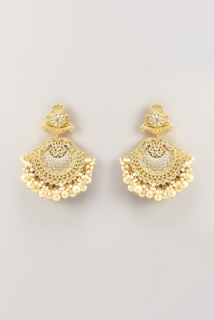 Gold Finish Kundan Polki Enamelled Chandbaali Earrings by Anjali Jain Jewellery at Pernia's Pop Up Shop