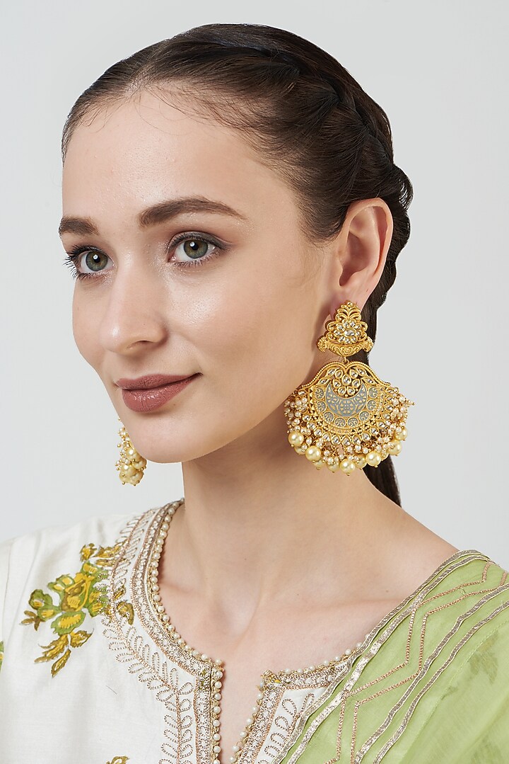 Gold Finish Kundan Polki Enamelled Chandbaali Earrings by Anjali Jain Jewellery at Pernia's Pop Up Shop