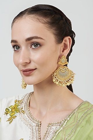 Gold Finish Kundan Polki Enamelled Chandbaali Earrings by Anjali Jain Jewellery