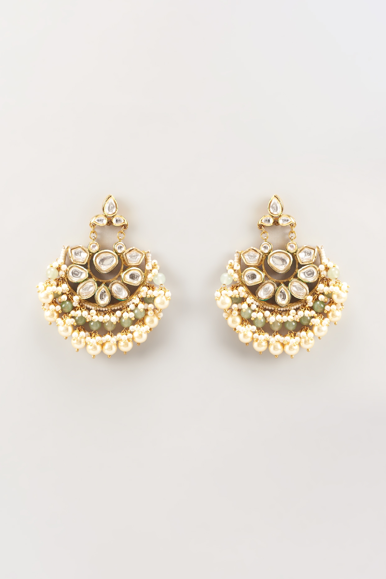 Gold Finish Kundan Polki & Pearl Chandbaali Earrings by Anjali Jain Jewellery