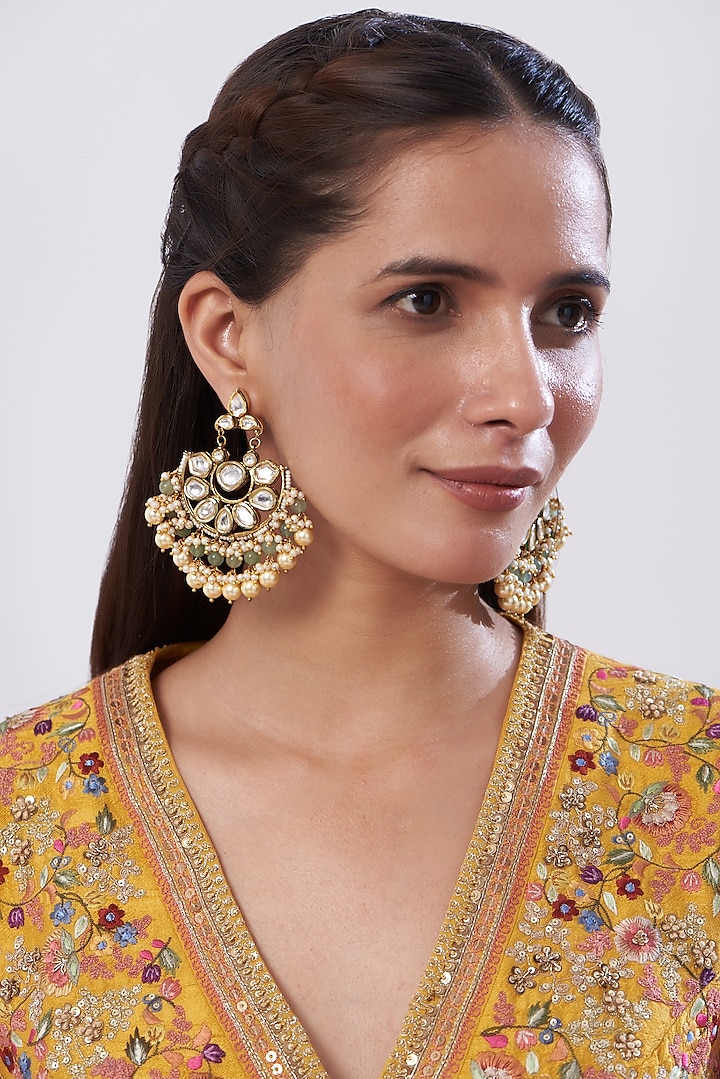 Gold Finish Kundan Polki & Pearl Chandbaali Earrings by Anjali Jain Jewellery