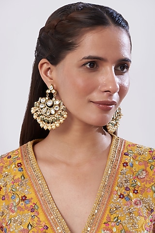 Gold Finish Kundan Polki & Pearl Chandbaali Earrings by Anjali Jain Jewellery
