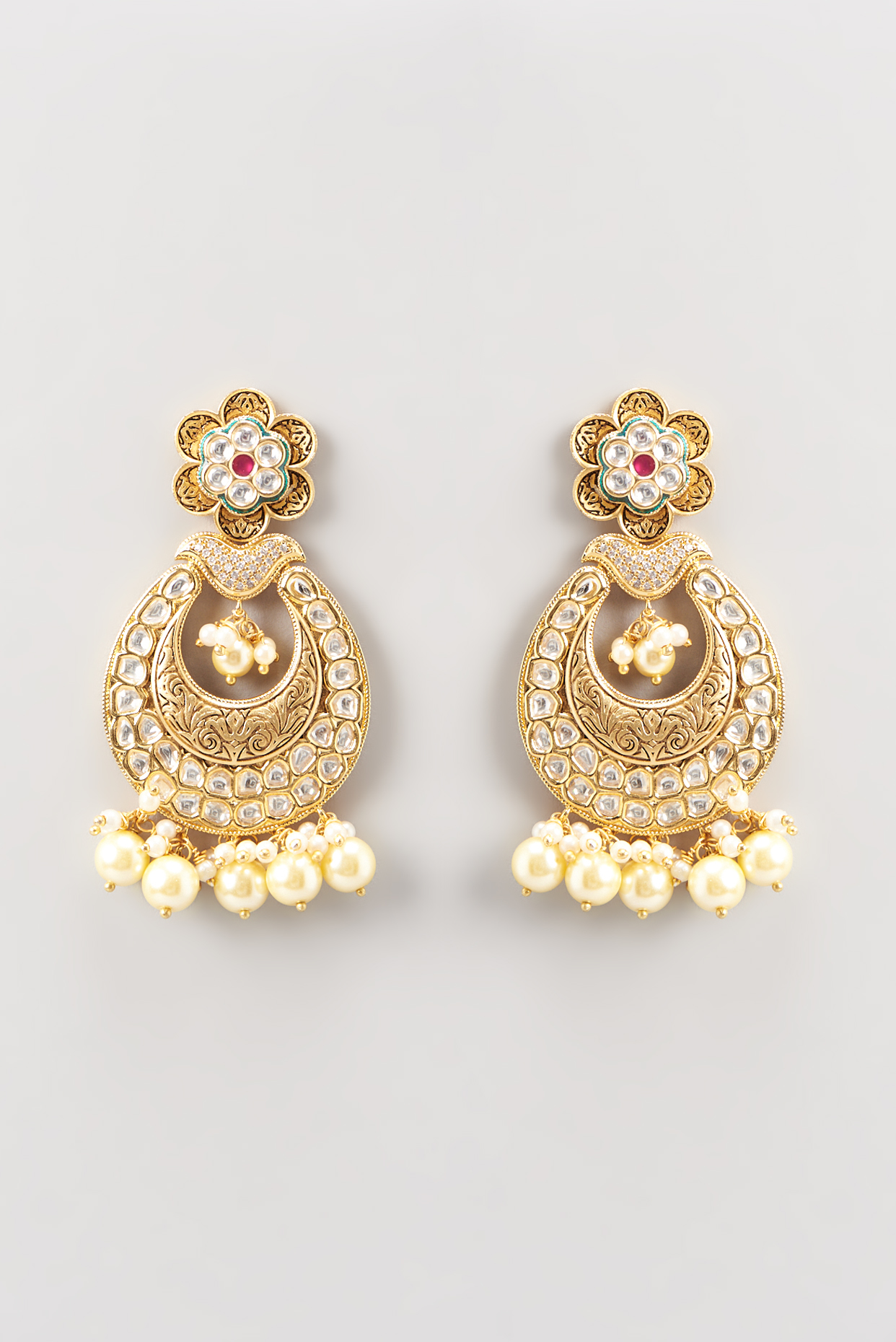 Gold Finish Kundan Polki Chandbaali Earrings by Anjali Jain Jewellery