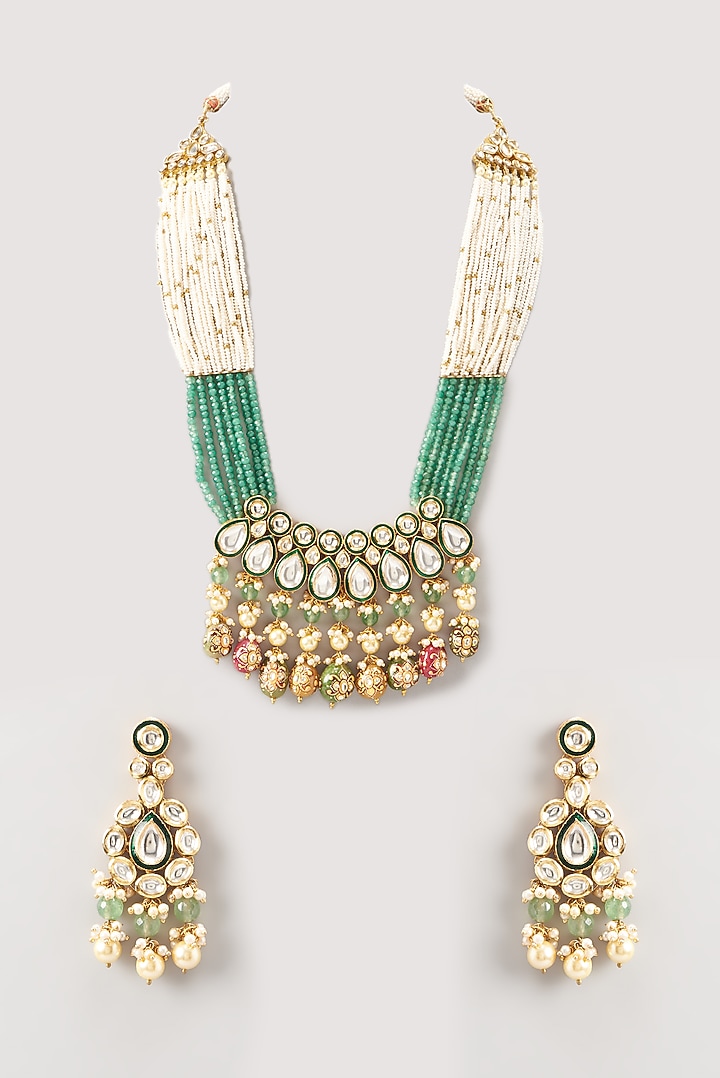 Gold Finish Multi-Colored Stone Long Necklace Set by Anjali Jain Jewellery  at Pernia's Pop Up Shop