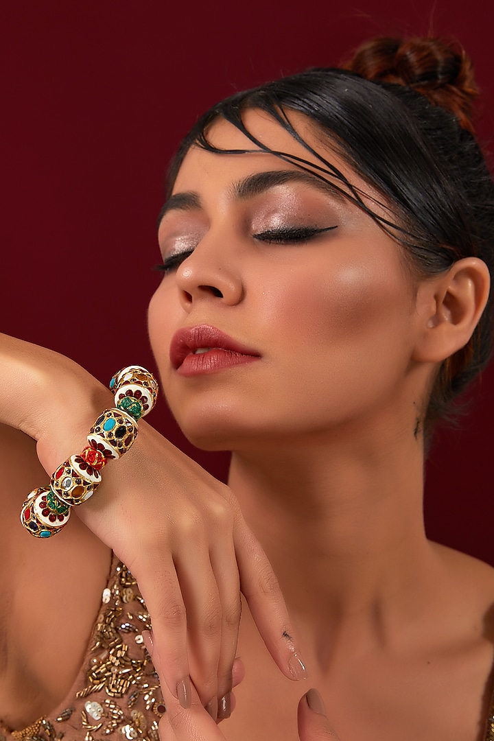 Gold Finish Navratna Beaded Bracelet by Anjali Jain Jewellery at Pernia's Pop Up Shop