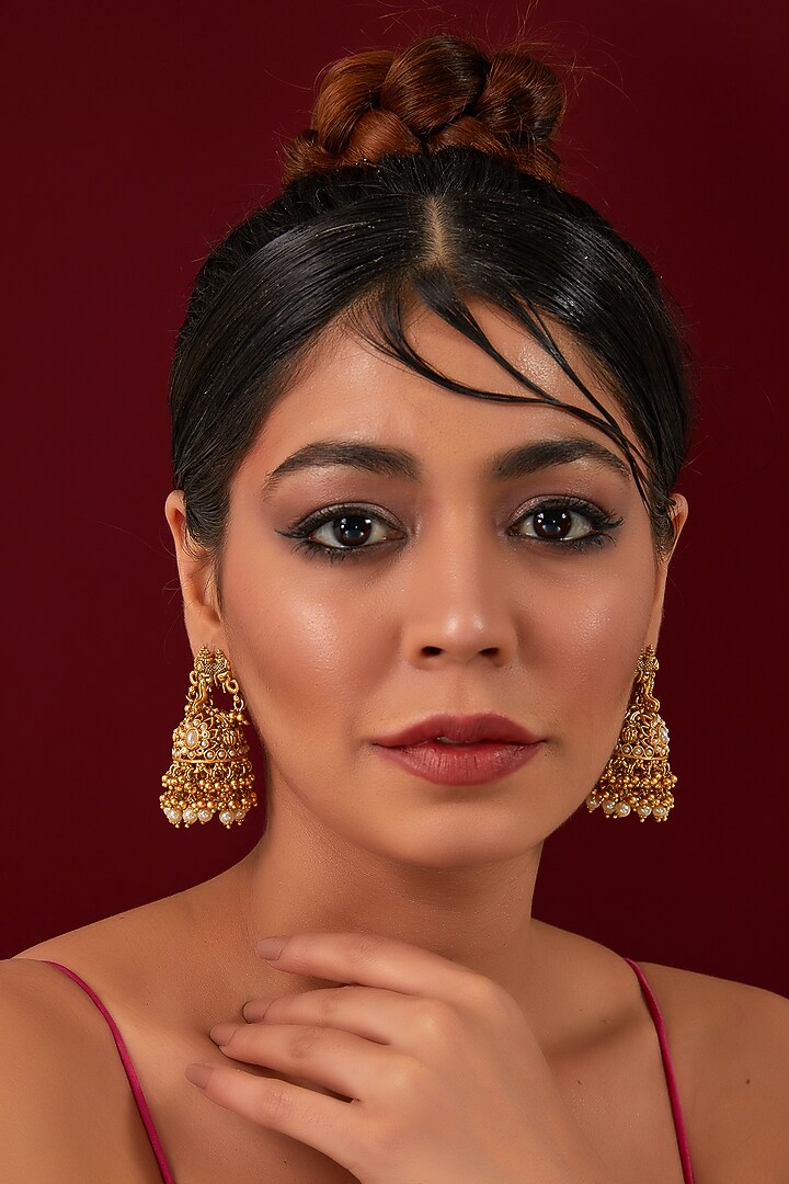 Gold Plated Pearl Jhumka Earrings by Anjali Jain Jewellery at Pernia's Pop Up Shop