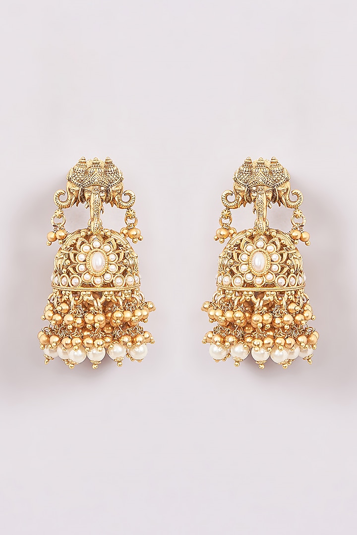 Gold Plated Pearl Jhumka Earrings by Anjali Jain Jewellery at Pernia's Pop Up Shop