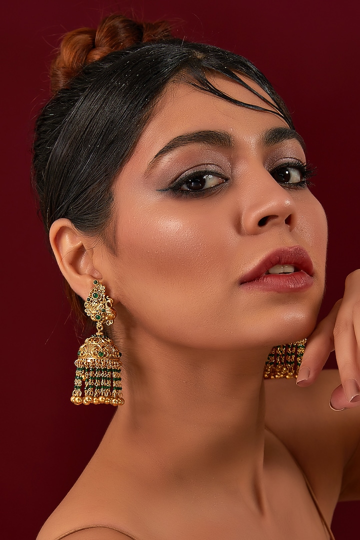 Gold Plated Green Stone & Pearl Jhumka Earrings by Anjali Jain Jewellery at Pernia's Pop Up Shop