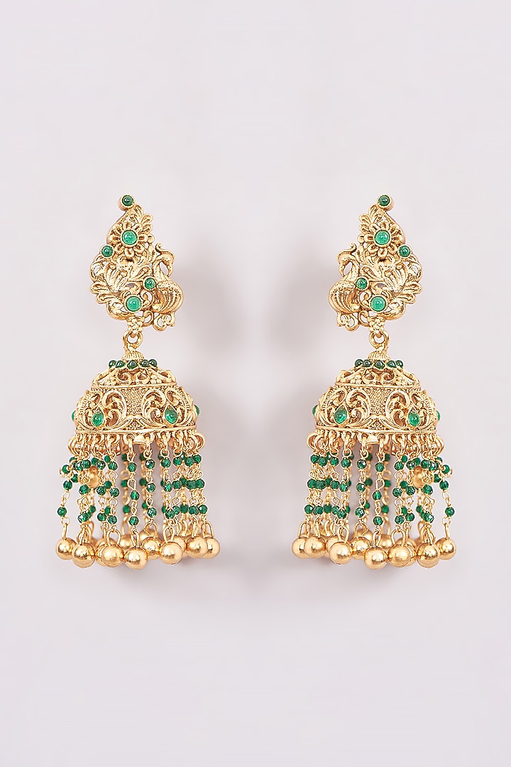 Gold Plated Green Stone & Pearl Jhumka Earrings by Anjali Jain Jewellery at Pernia's Pop Up Shop