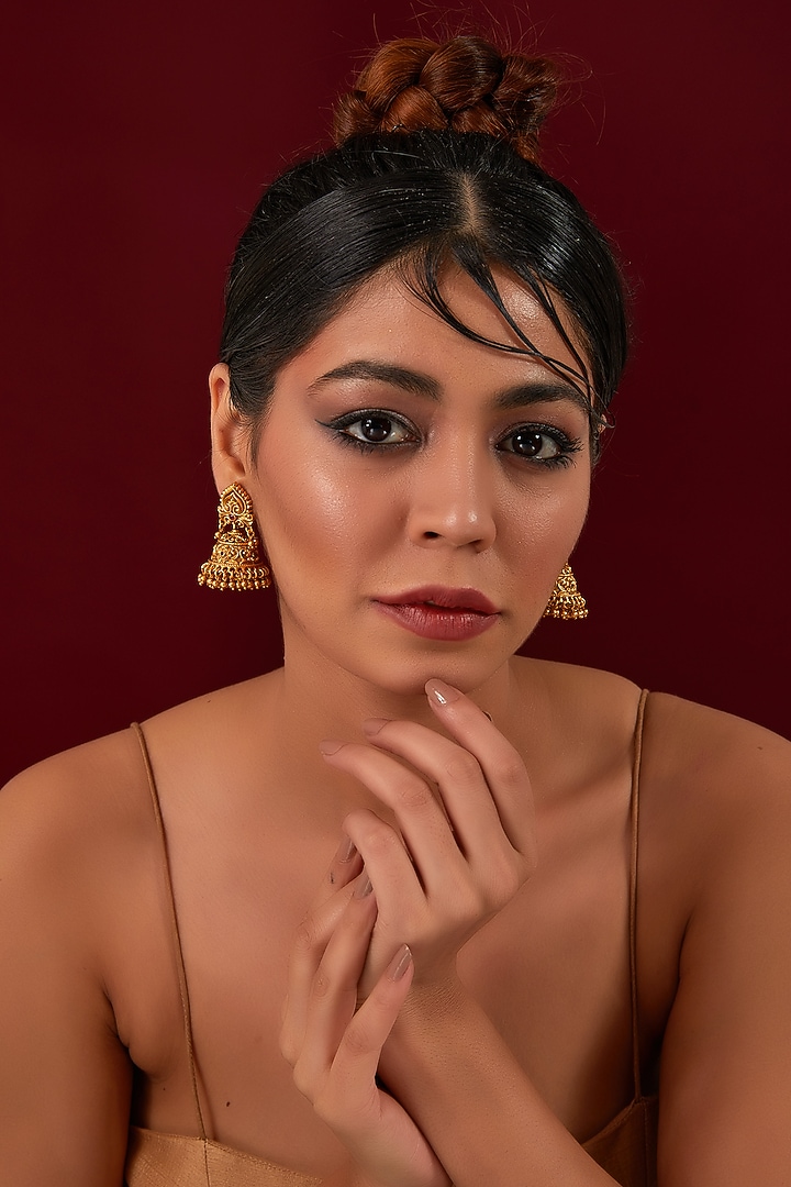 Gold Plated Temple Jhumka Earrings by Anjali Jain Jewellery at Pernia's Pop Up Shop
