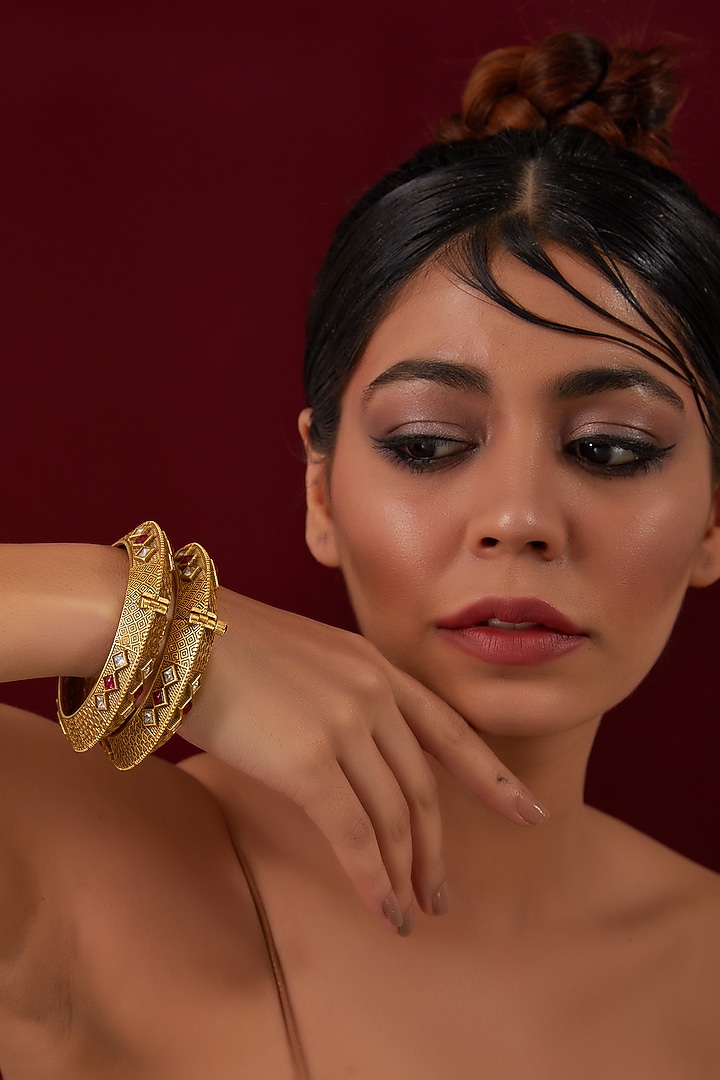 Gold Plated Kundan Polki Bangles (Set Of 2) by Anjali Jain Jewellery at Pernia's Pop Up Shop