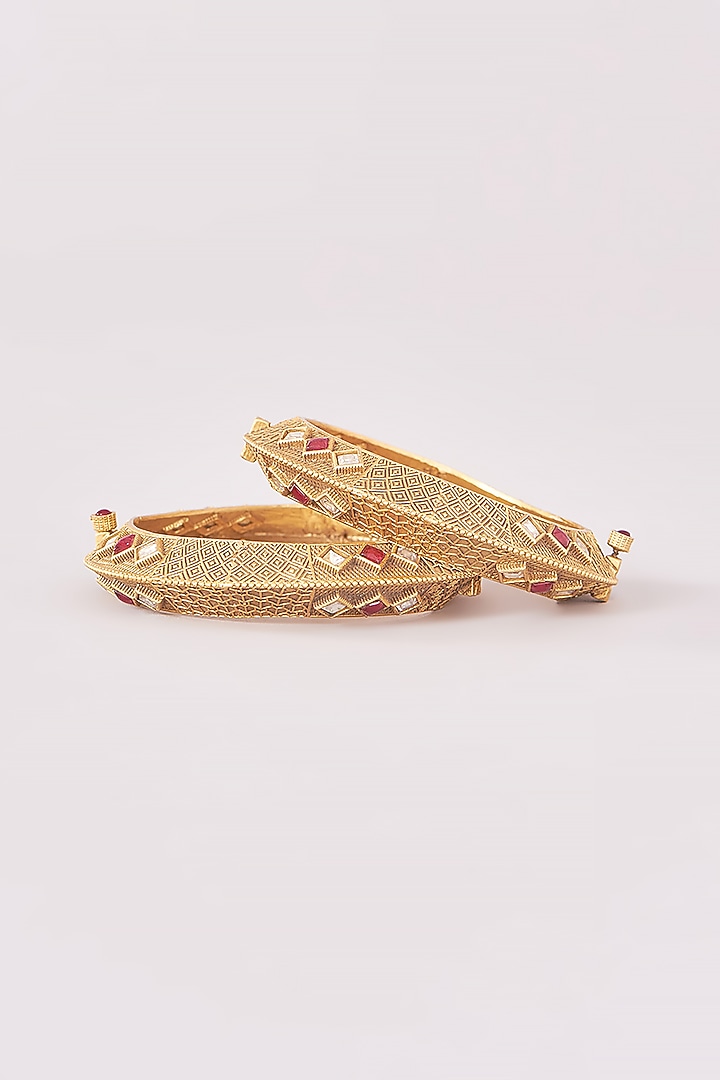 Gold Plated Kundan Polki Bangles (Set Of 2) by Anjali Jain Jewellery at Pernia's Pop Up Shop