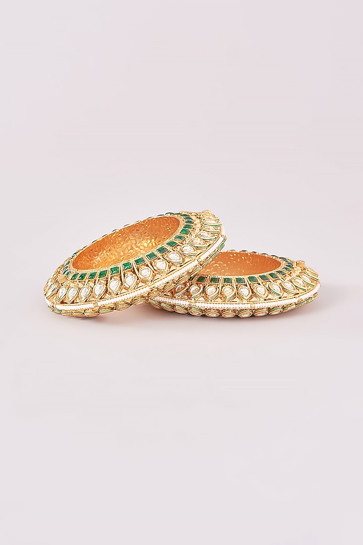 Gold Plated Kundan Polki & Green Stone Bracelet (Set Of 2) by Anjali Jain Jewellery at Pernia's Pop Up Shop