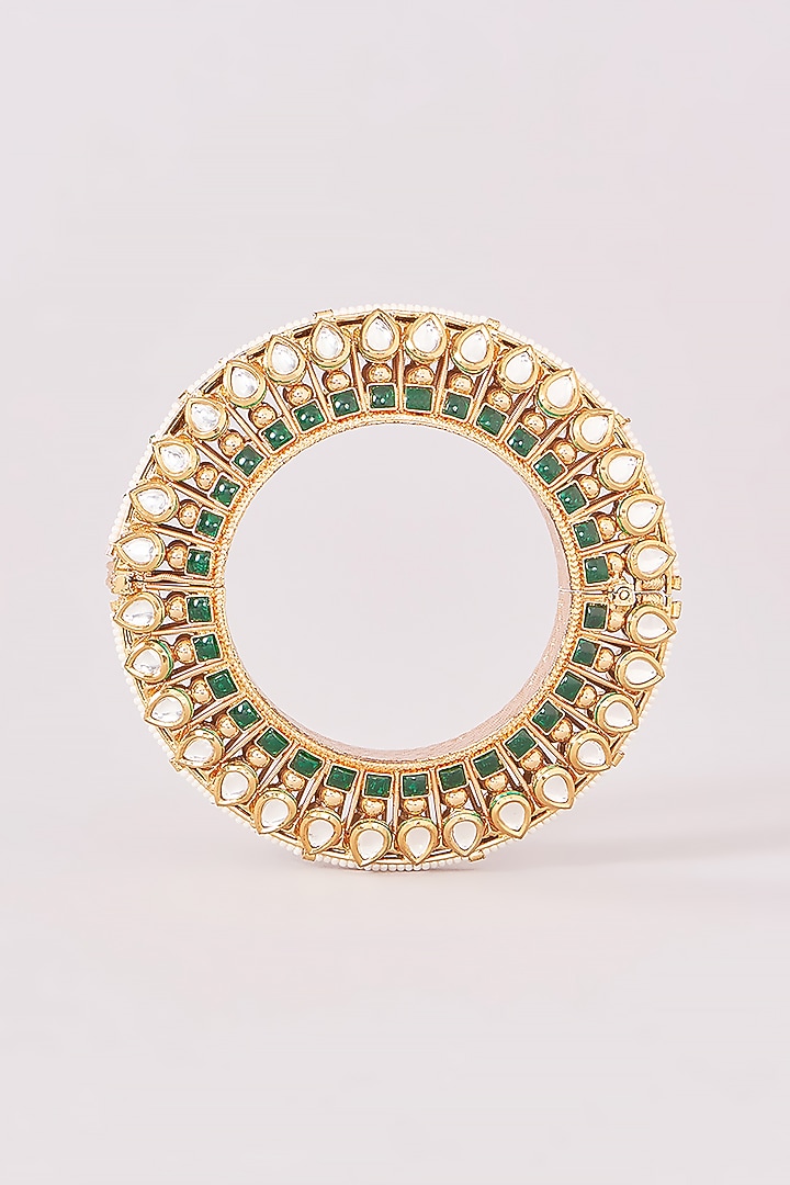 Gold Plated Kundan Polki & Green Stone Bracelet (Set Of 2) by Anjali Jain Jewellery at Pernia's Pop Up Shop