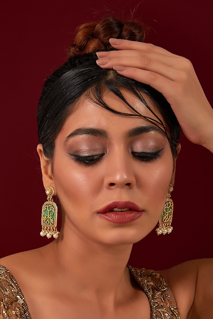 Gold Plated Kundan Polki & Pearl Dangler Earrings by Anjali Jain Jewellery at Pernia's Pop Up Shop