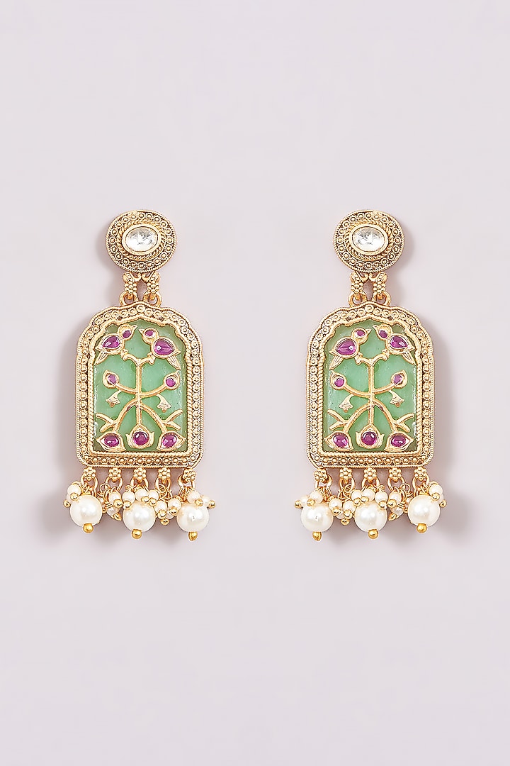 Gold Plated Kundan Polki & Pearl Dangler Earrings by Anjali Jain Jewellery at Pernia's Pop Up Shop