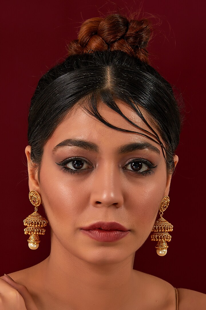 Gold Plated Pearl Drop Jhumka Earrings by Anjali Jain Jewellery at Pernia's Pop Up Shop