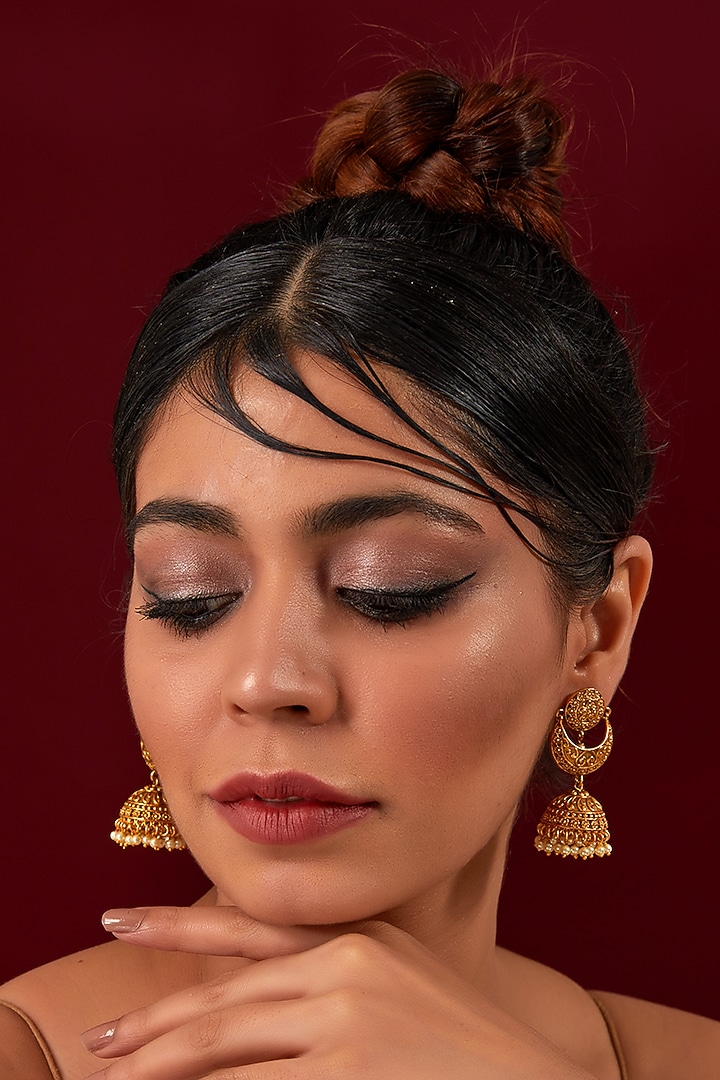 Gold Plated Pearl Chandbali Earrings by Anjali Jain Jewellery at Pernia's Pop Up Shop