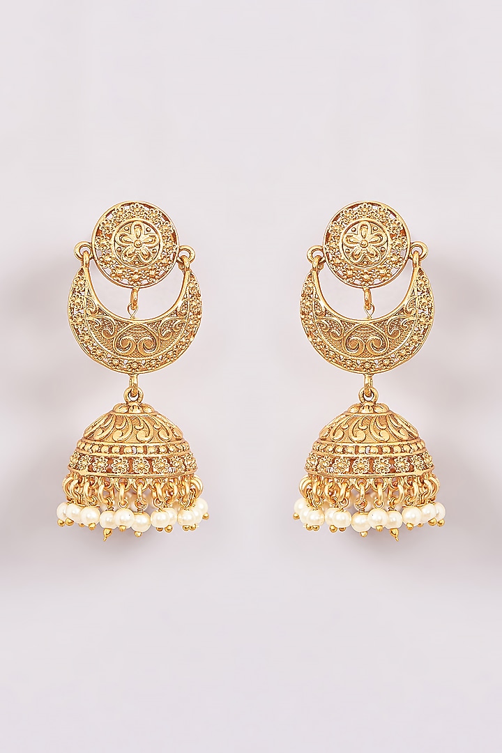 Gold Plated Pearl Chandbali Earrings by Anjali Jain Jewellery at Pernia's Pop Up Shop