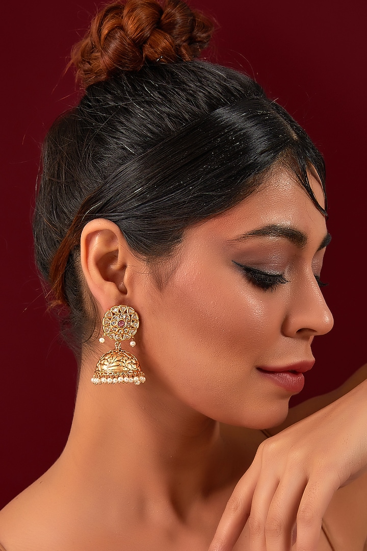 Gold Plated Kundan Polki Dangler Earrings by Anjali Jain Jewellery at Pernia's Pop Up Shop