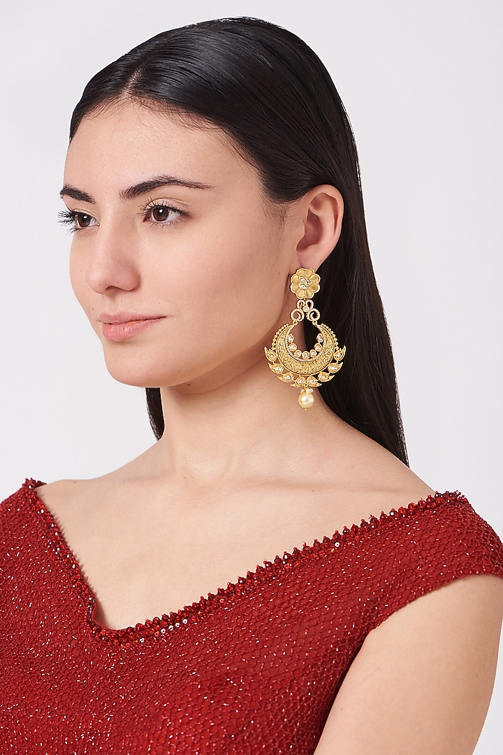 Gold Plated Kundan Polki Chandbali Earrings by Anjali Jain Jewellery