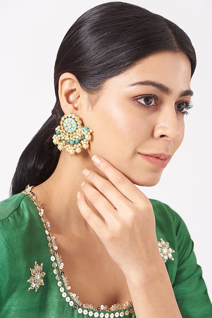 Gold Plated Kundan Polki & Pearl Earrings by Anjali Jain Jewellery at Pernia's Pop Up Shop