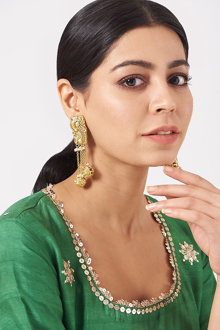 Gold Plated Kundan Polki Danger Earrings by Anjali Jain Jewellery