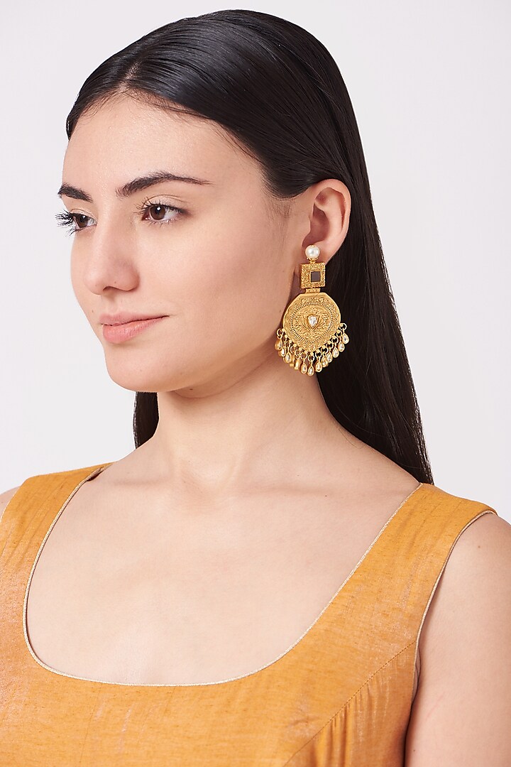 Gold Plated Pearl Carved Earrings by Anjali Jain Jewellery at Pernia's Pop Up Shop