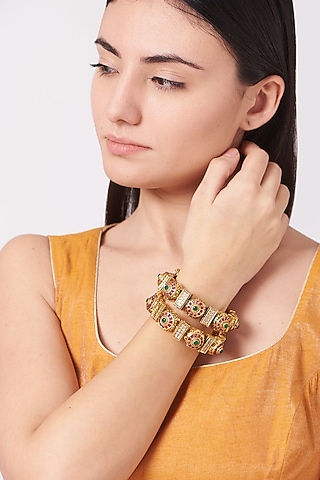 Gold Plated Kundan Polki & Red Stone Bangles  by Anjali Jain Jewellery