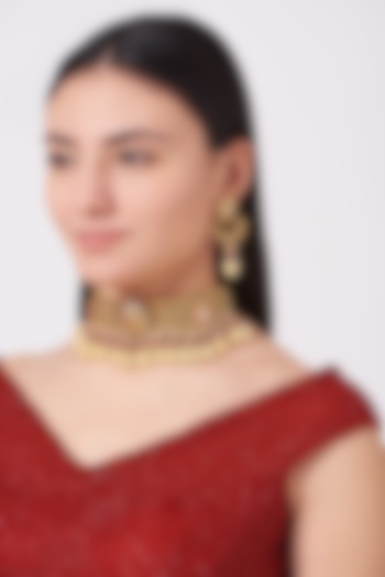 Gold Plated Kundan Polki & Ruby Stone Choker Necklace Set by Anjali Jain Jewellery