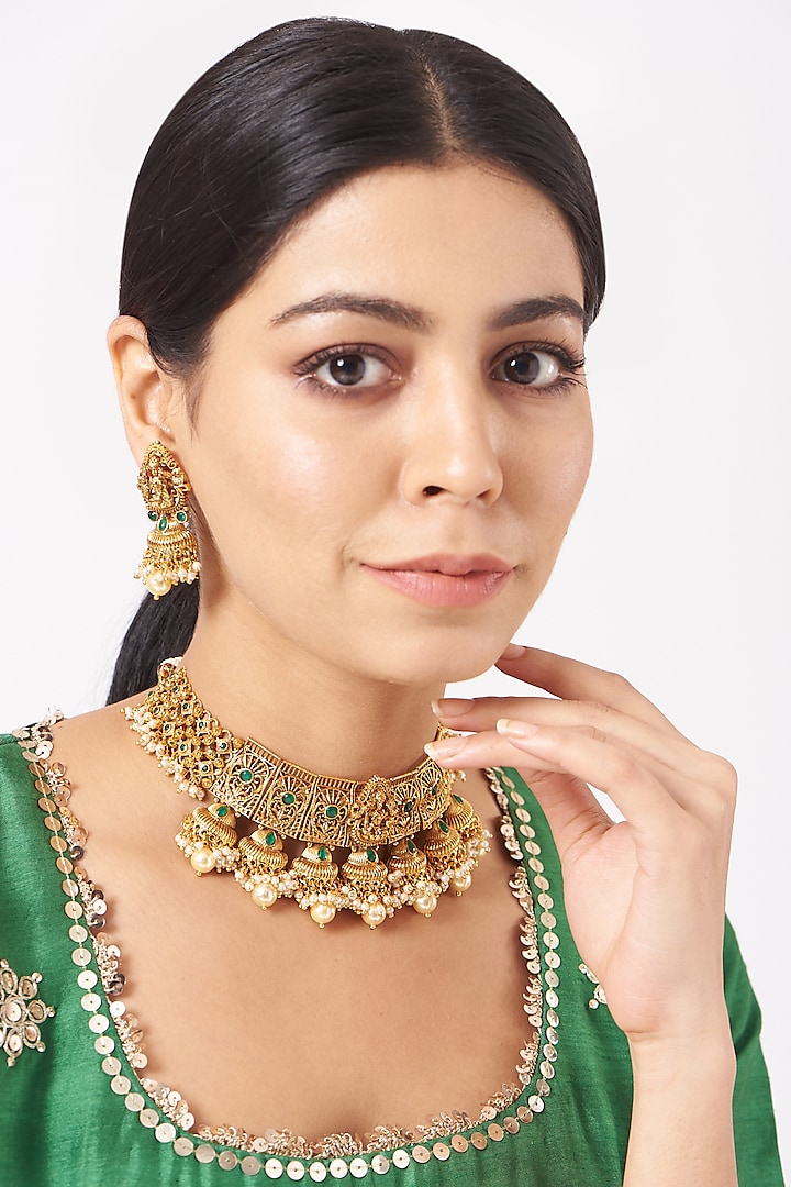 Gold Plated Kundan Polki & Pearls Necklace Set by Anjali Jain Jewellery